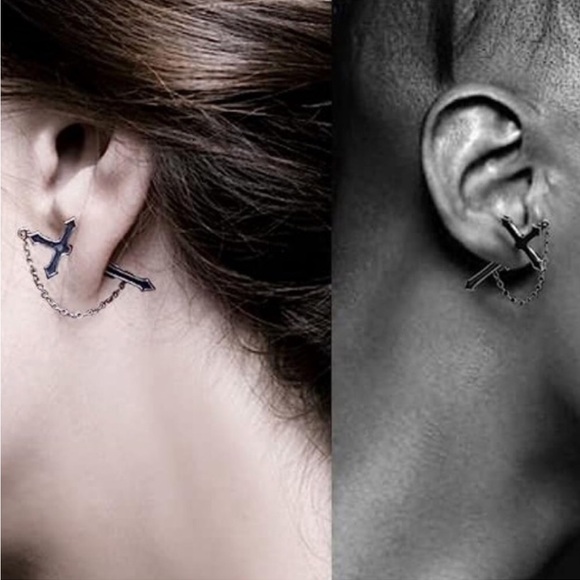 BLACK CROSS THRU THE EAR EARRINGS - Picture 3 of 3
